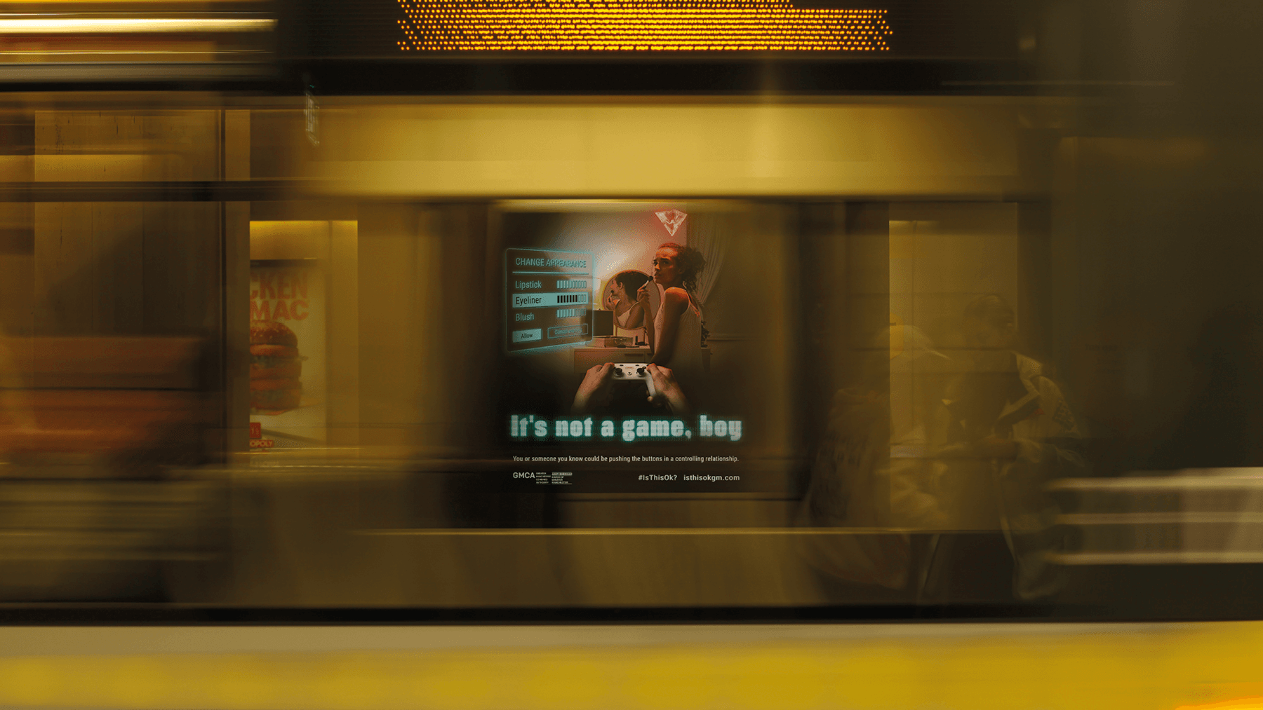 It's not a game, boy campaign shown on a screen bilboard
